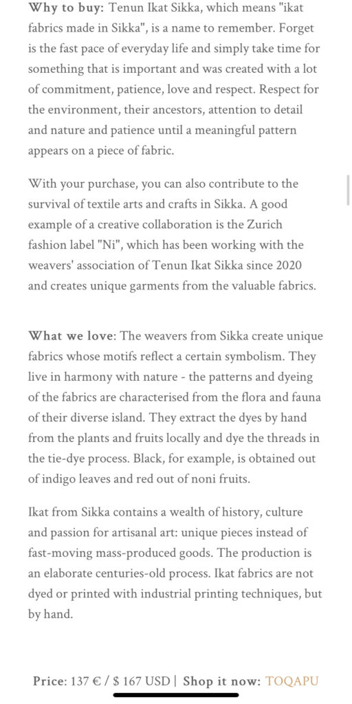 About Tenun Ikat Sikka. Why to by, What we love, Price: CHF 137